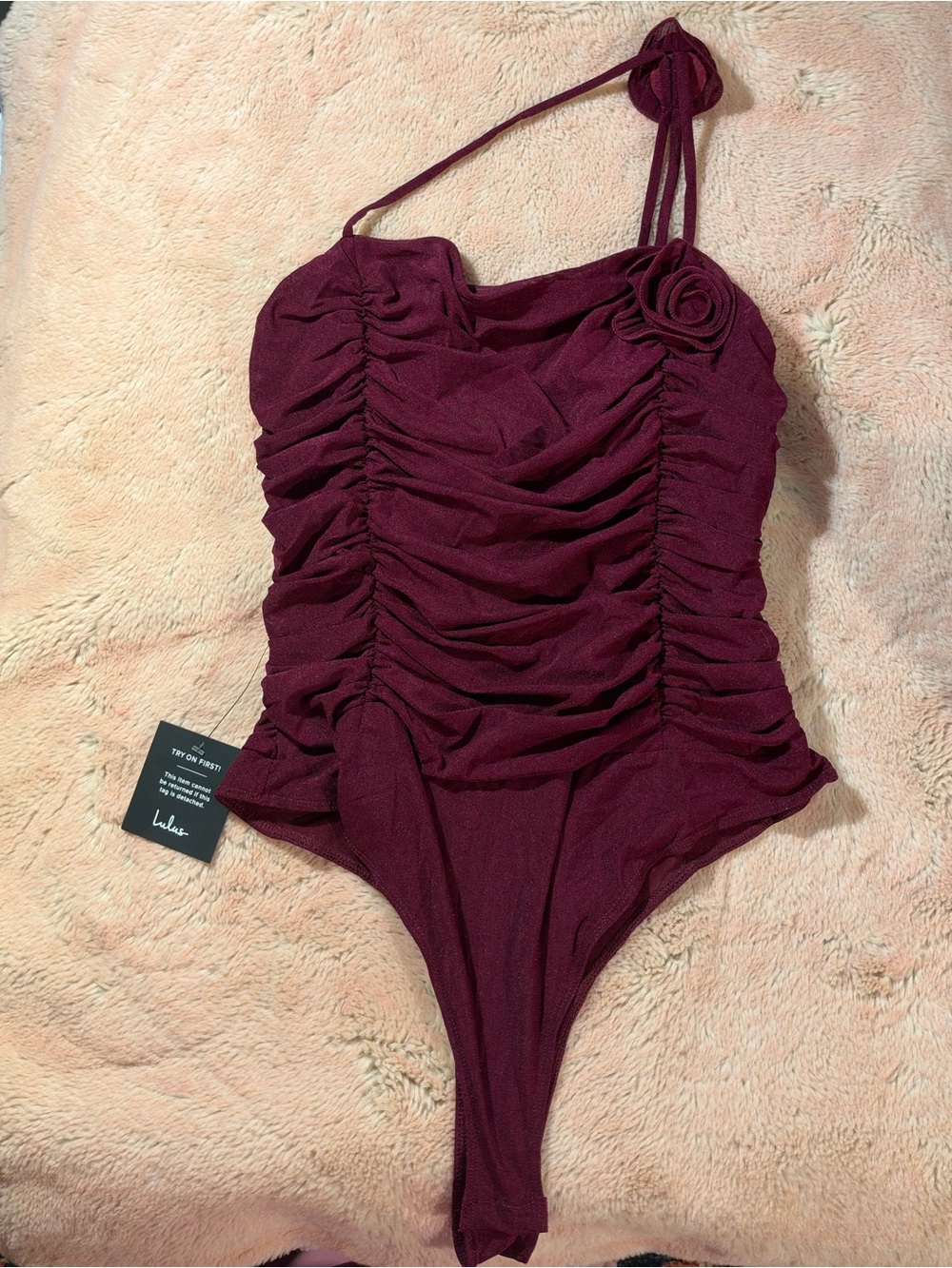 Lulu's Ruched One-Piece Bodysuit in Deep Wine